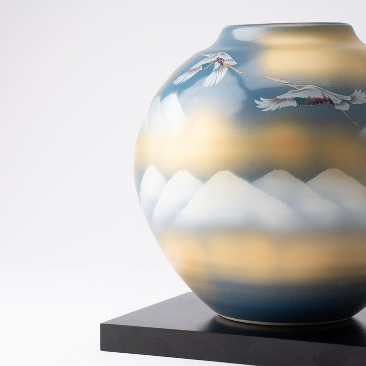 Two Cranes and Mountains Japanese Flower Vase with Stand