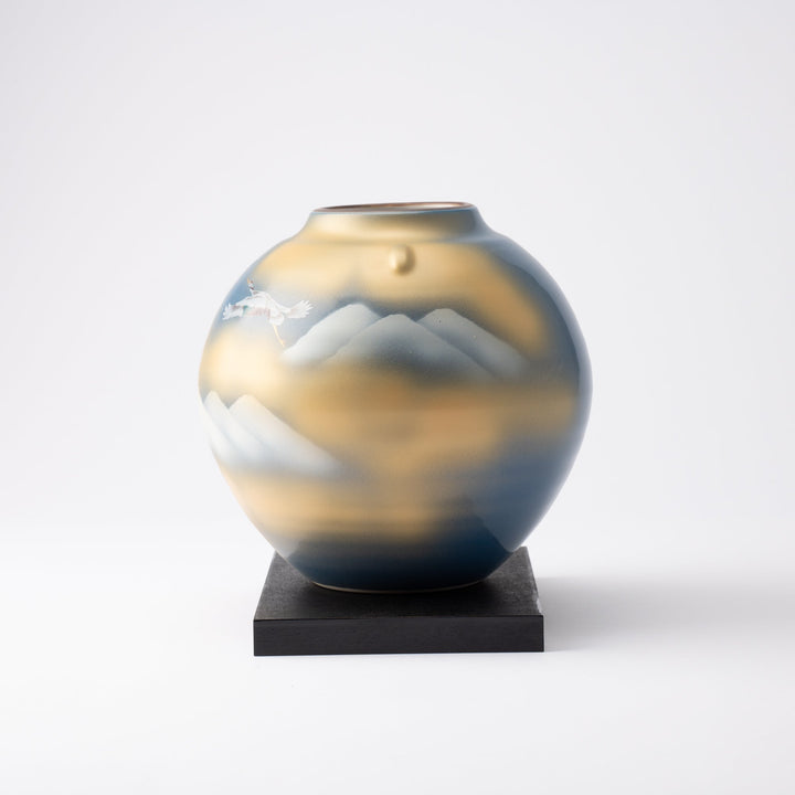 Two Cranes and Mountains Japanese Flower Vase with Stand