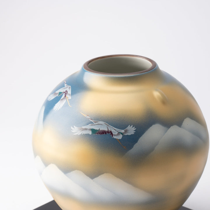 Two Cranes and Mountains Japanese Flower Vase with Stand