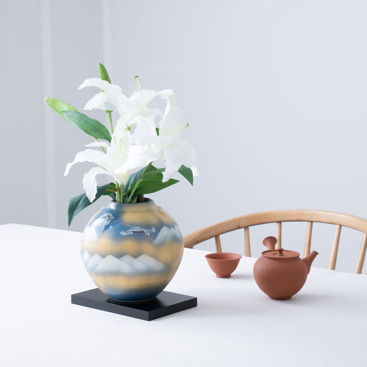 Two Cranes and Mountains Japanese Flower Vase with Stand