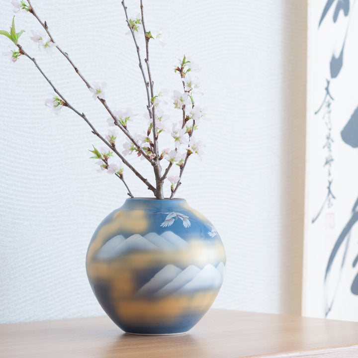 Two Cranes and Mountains Japanese Flower Vase with Stand