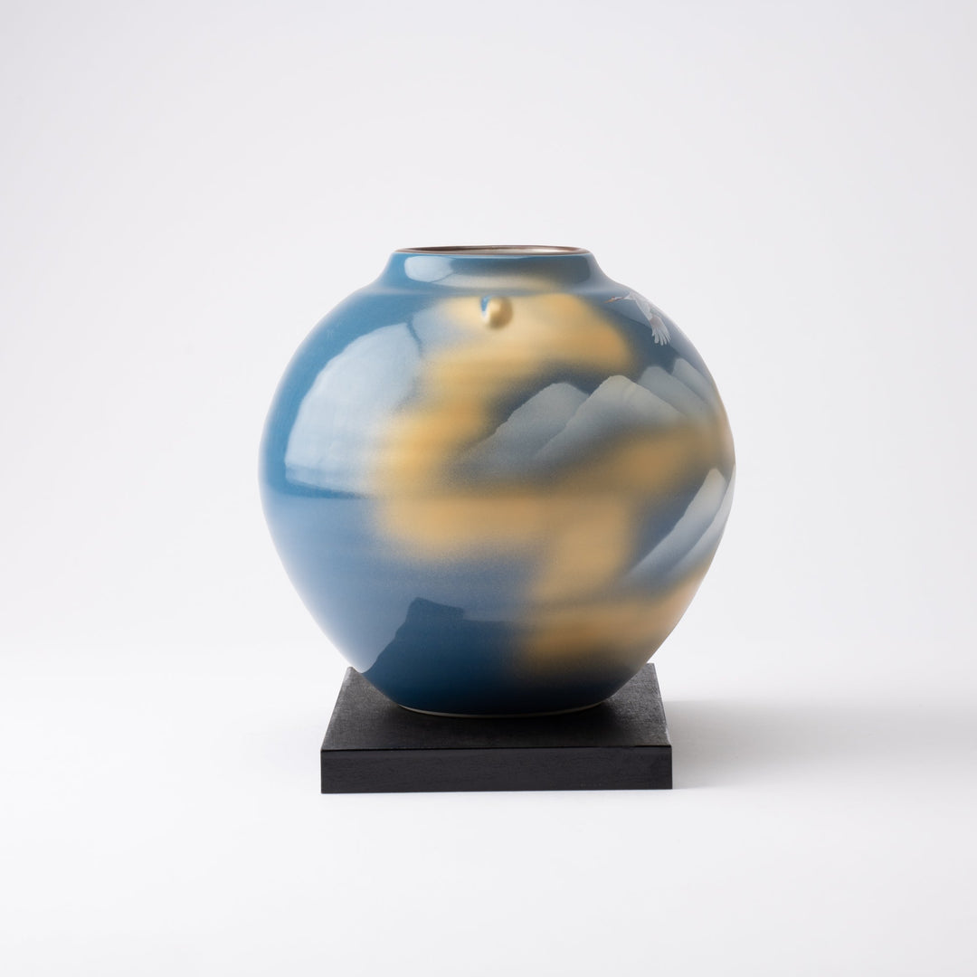 Two Cranes and Mountains Japanese Flower Vase with Stand