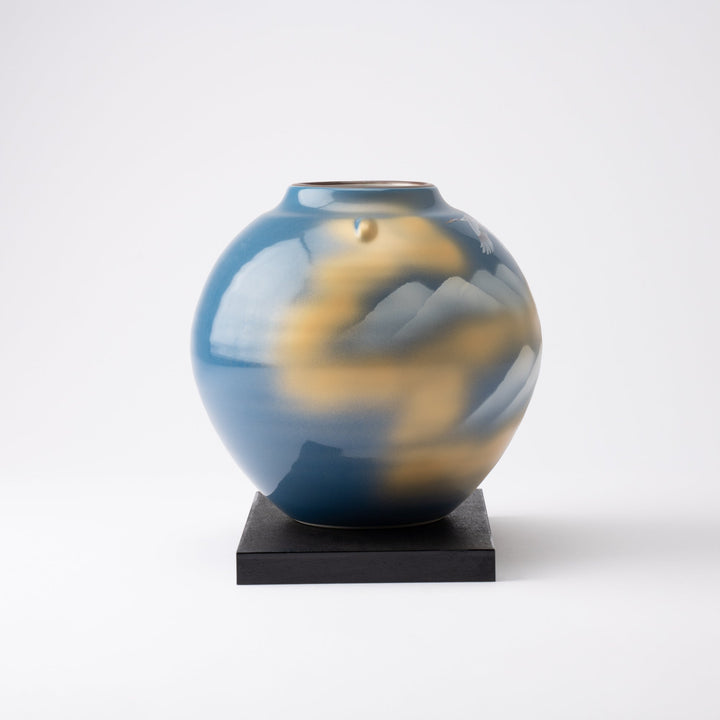 Two Cranes and Mountains Japanese Flower Vase with Stand