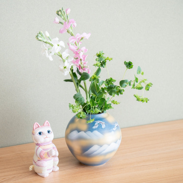 Two Cranes and Mountains Japanese Flower Vase with Stand