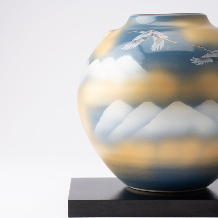 Two Cranes and Mountains Japanese Flower Vase with Stand