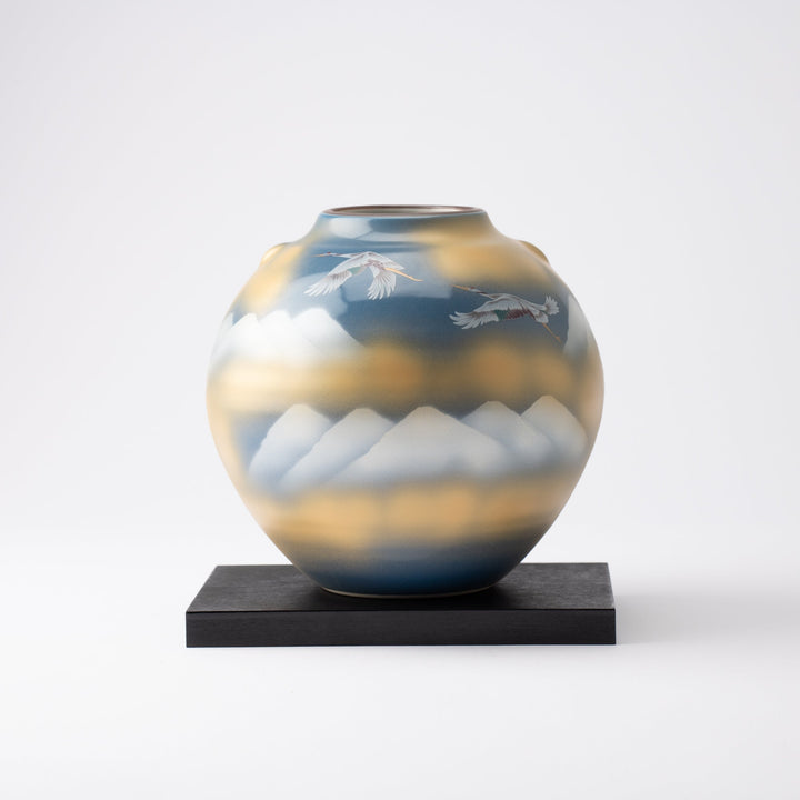 Two Cranes and Mountains Japanese Flower Vase with Stand
